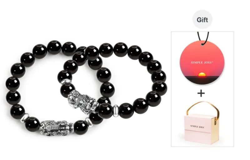 SIMPLE JOYS Obsidian 3D Sterling Silver Chinese Auspicious Animal Beaded Bracelet Unisex-11