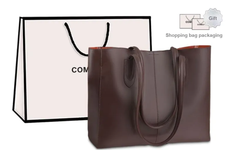 COMELY Cow Leather Commute Bag Large Bag Tote Bag Shoulder Bag Women's Caramel/Coffee-2