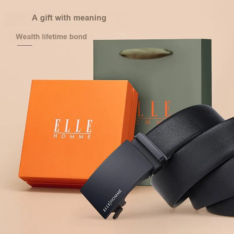 ELLE HOMME Top Grain Cow Leather Fashion Trend Casual Versatile Belt Men's Gunmetal Width 3.5cm-2
