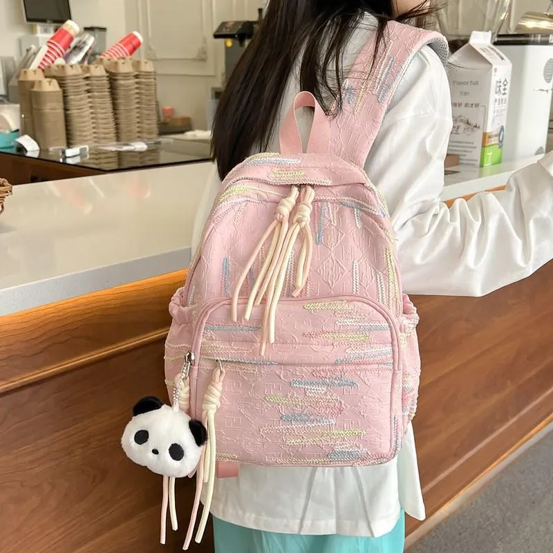BUBM Composite Cloth Backpack Regular Unisex Black/White/Pink/Yellow-12