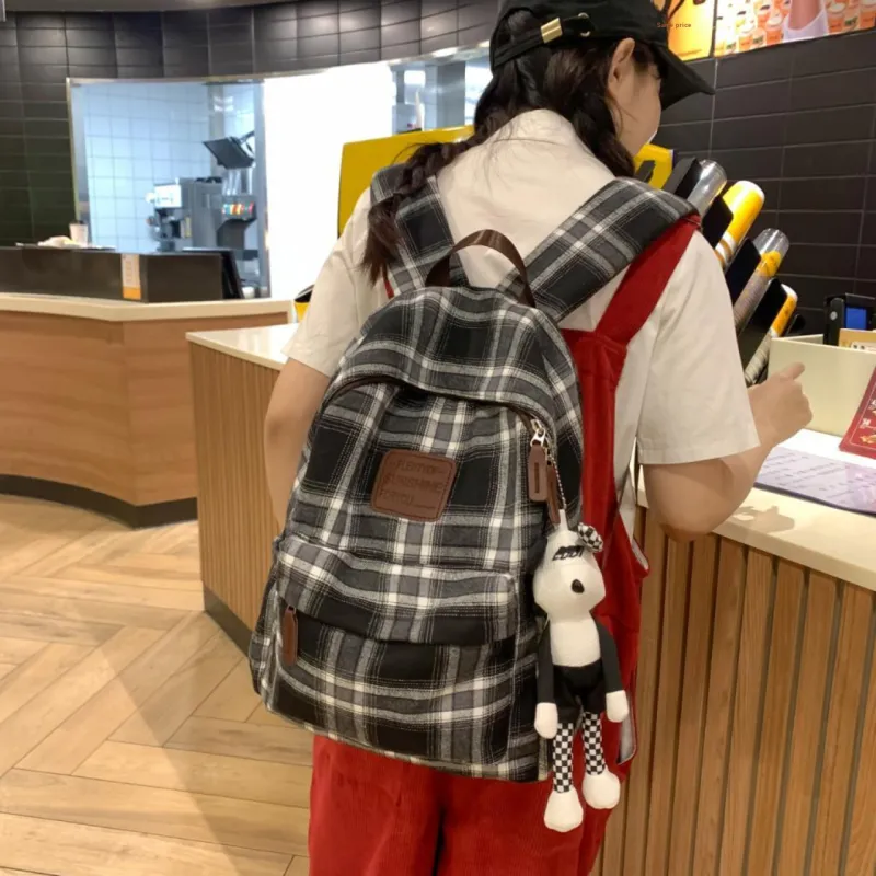 Yalu Woolen Backpack Unisex Black White Plaid/Brown Gray Plaid/Red Plaid/Brown Blue Plaid-1
