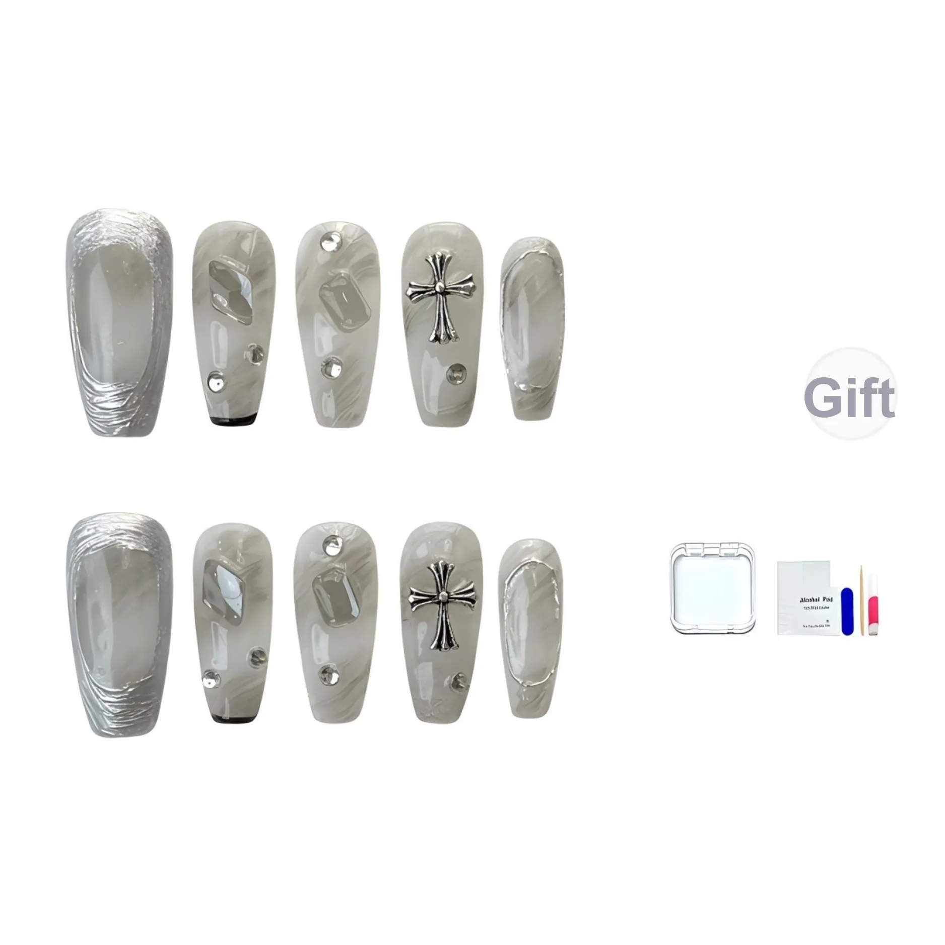 JINGCHANXUE Ручной работы Серебряный Весенний Crochet Сердце False Nail MID Длина Дымчато-серый Телесный Coquette 16 мм