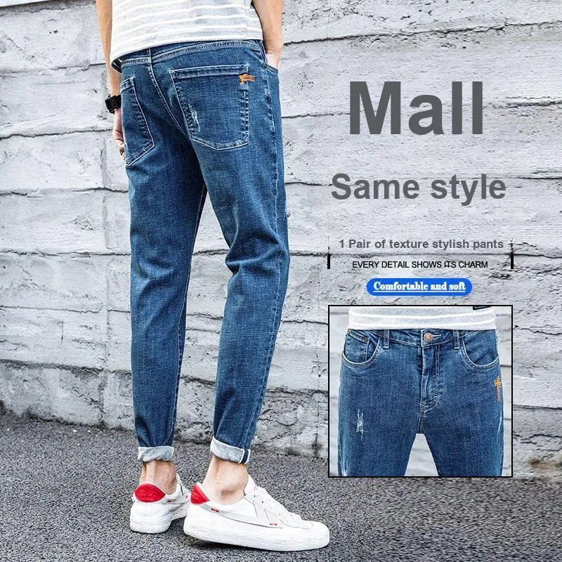 YUQIAN Jeans Men Blue Ankle Length Pants-2