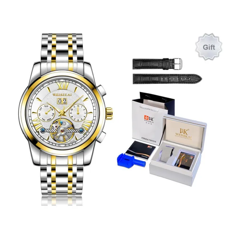 WSK Automatic Mechanical Movement Stainless Steel Watchband Men's Watches White Dial-3