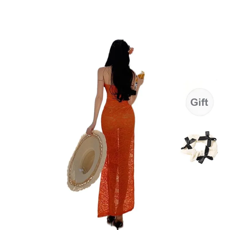 TORIGHT Sleeveless Dress Women's Orange+Bowknot Hair Tie Comes With-1