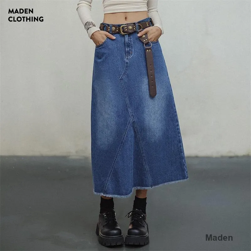 MADEN Denim Long Skirt Women's Washed Blue-3