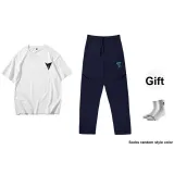 Thorn Rose Pants in Navy Blue+White Shades with Short-Sleeved Shirt (Short-Sleeved Random)+Comes with Random Sports Socks