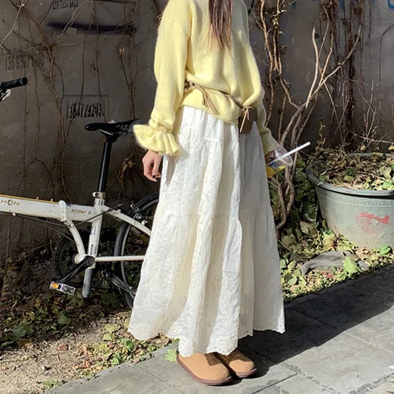 FLIM Casual Long Skirts Women's White-2