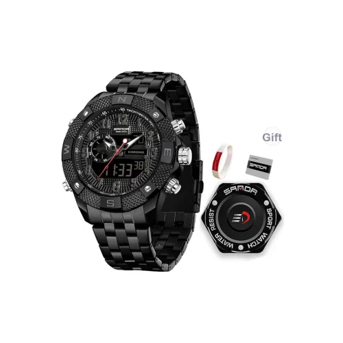 Sanda Электронный + Кварцевый механизм Стальной ремешок Часы Мужские Черный циферблат