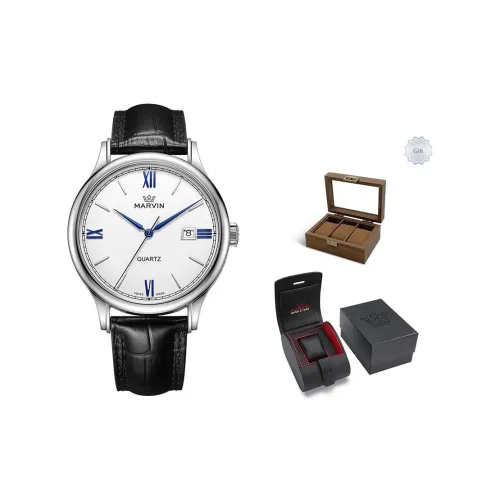 MARVIN Кварцевый механизм Мужские часы Часы 42 Серебристый циферблат Корпус из нержавеющей стали Ремешок из натуральной кожи