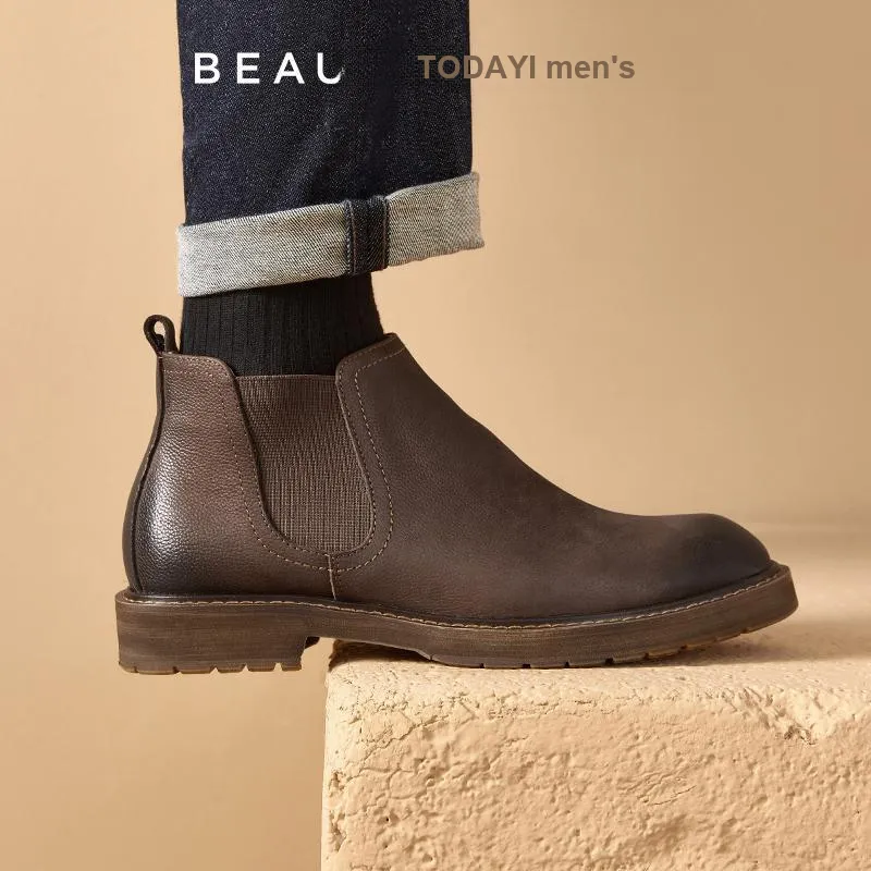 Beau Today Cow Leather Ankle Length Chelsea Boots 3.2cm Men's Coffee-4