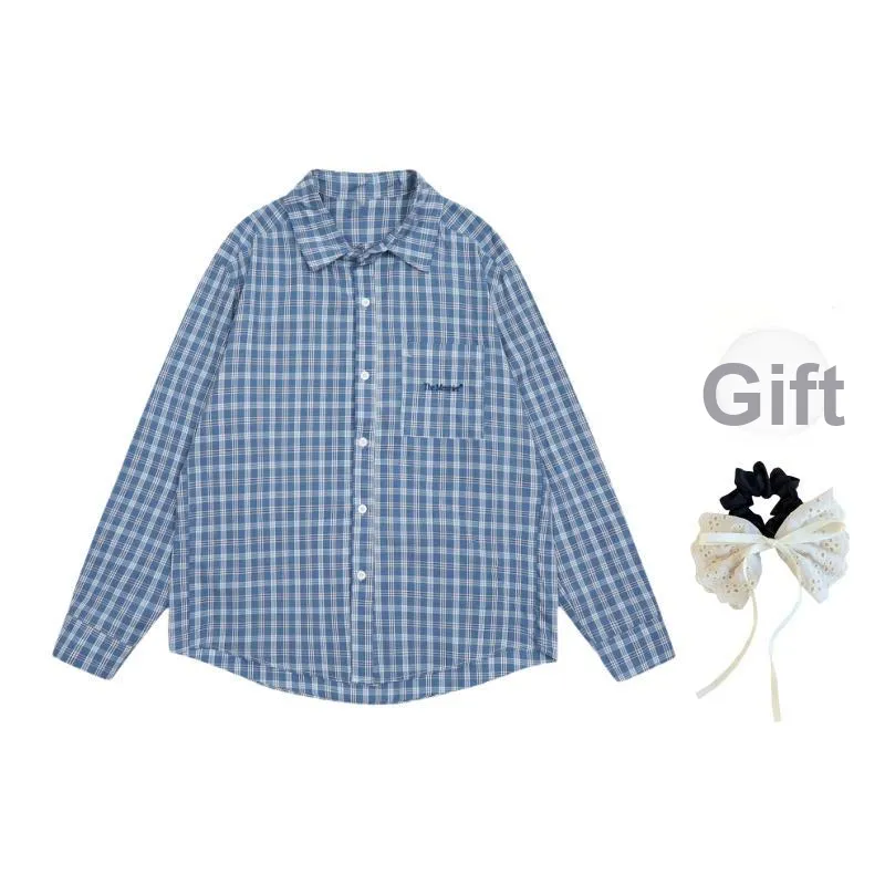 TUSHIFEI Shirt Unisex Blue Plaid+Hair Tie Comes With