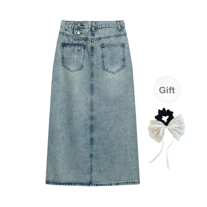 PAVEA Denim Long Skirts Women's Blue+Hair Tie Comes With-1