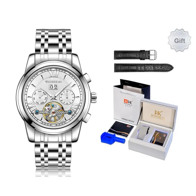 WSK Automatic Mechanical Movement Stainless Steel Watchband Men's Watches White Dial-0