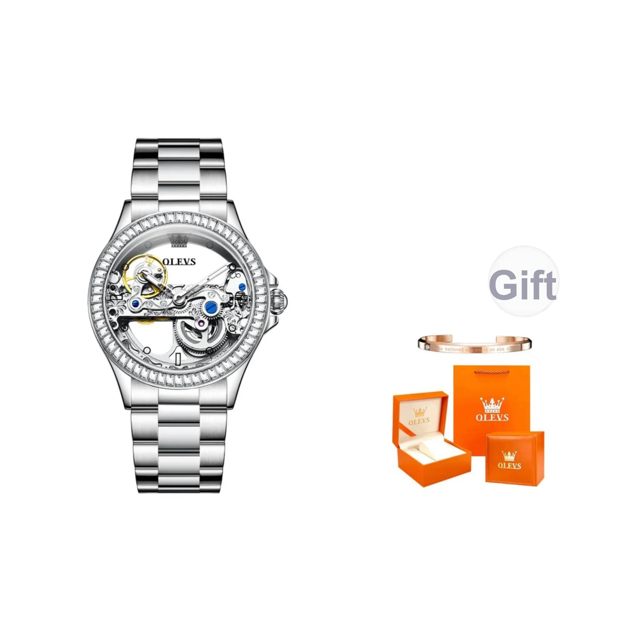 OLEVS Механические часы с ремешком из нержавеющей стали женские с белым циферблатом
