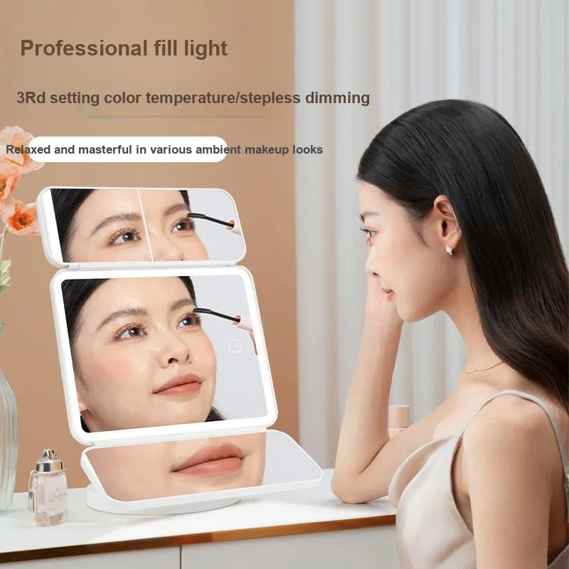 Gentle Welcome Folding Shell LED Tricolor Dimming, Desktop Fill Light Make Up Mirrors Dressing & Grooming-4