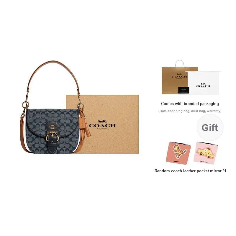 COACH Kleo Fabric With Cow Leather Saddle Bag, Shoulder Bag Medium Size Women's Denim Blue & Taupe-6
