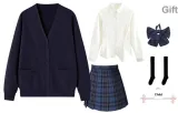 Navy Blue Cardigan+White High-Waisted Long Skirt+Zhao Qianlan (42cm)+Bow Tie+Calf Socks+Hanger