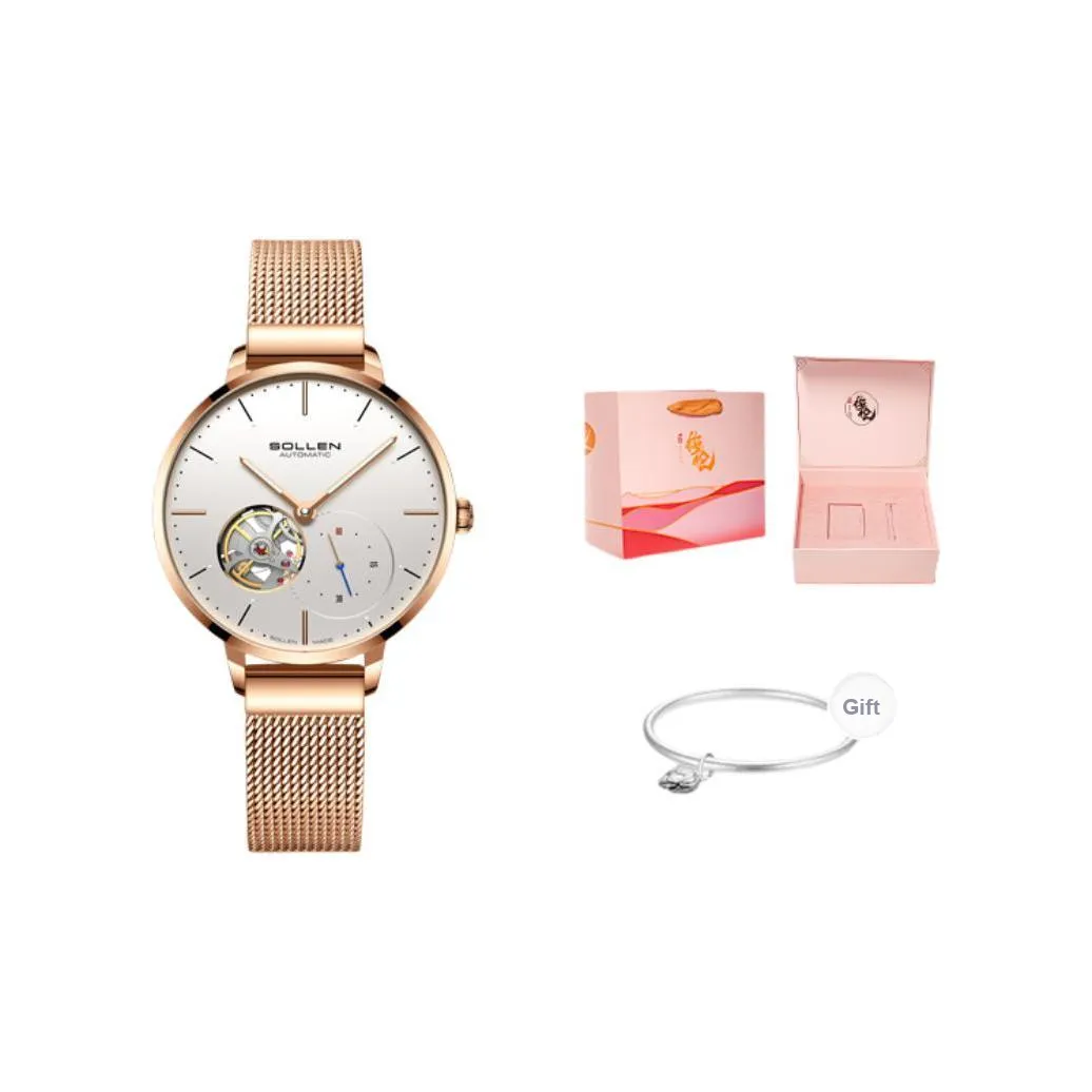 SOLLEN Автоматический Механический Механизм Нержавеющая Сталь Ремешок Часы Женские Серебристый Циферблат