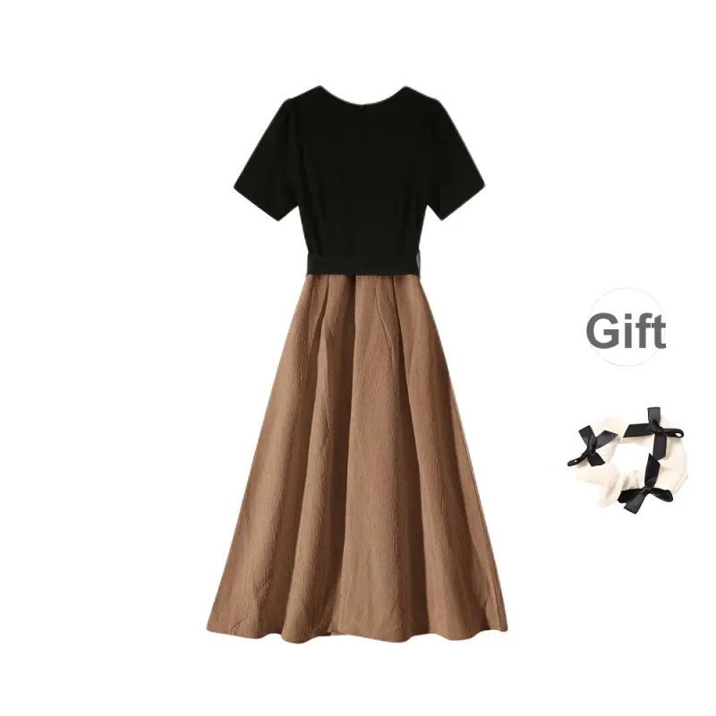 TURN UP Short Sleeved Dress Women's Black Coffee Long+Bowknot Hair Tie Comes With-1