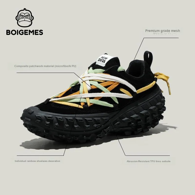 BOIGEMES Chunky Sneakers Unisex Low Top Black/Beige-5