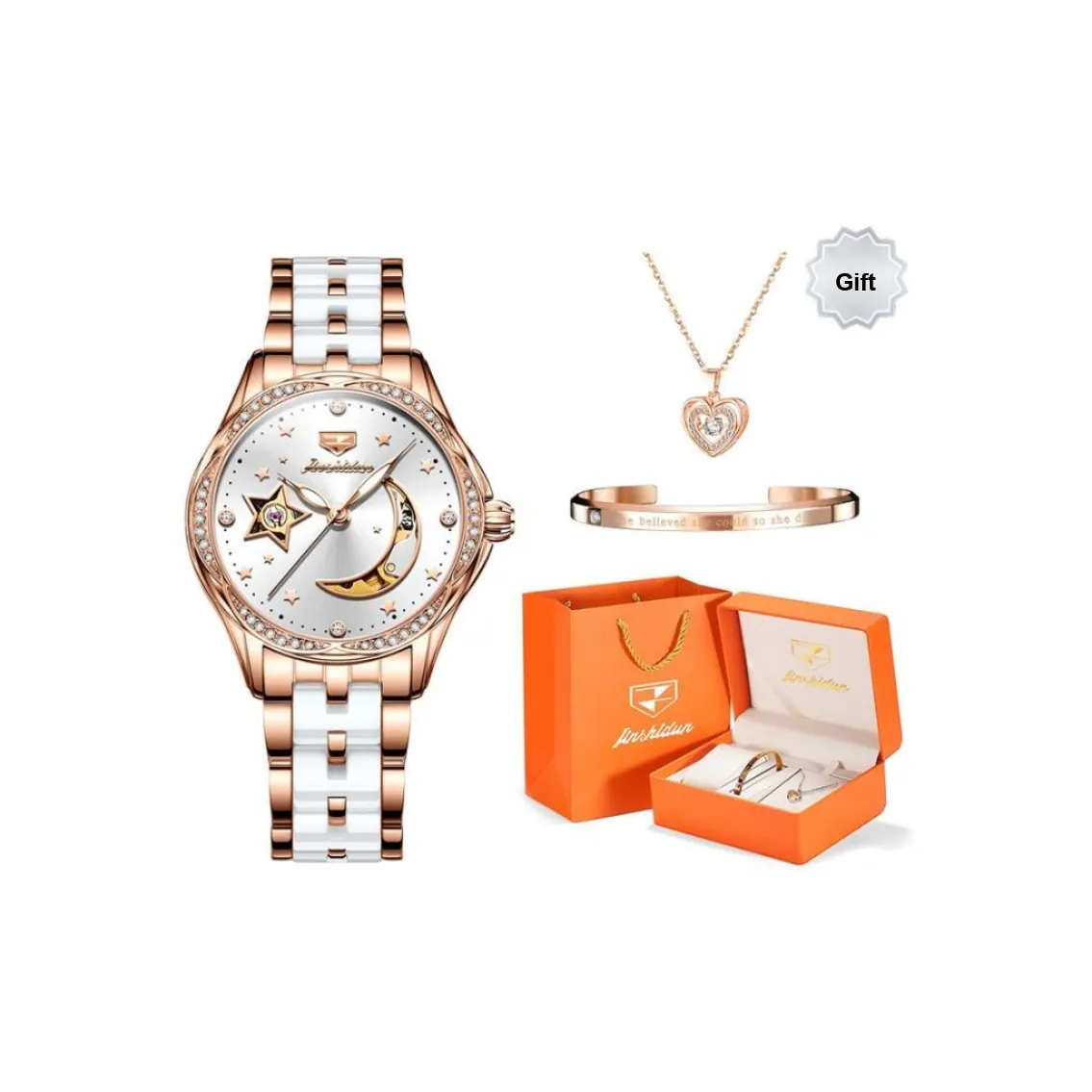 Jin Shi Dun Box Mechanical Movement Ceramic Strap Watch Women's Watch White Dial
