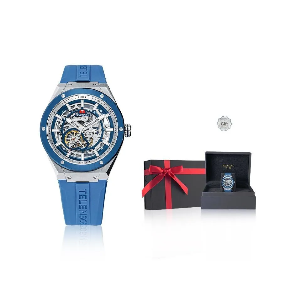 TELENSOSU Yuan Universe Collection Автоматический Механический Механизм Силиконовый Ремешок Часы Мужские Часы Синий Циферблат