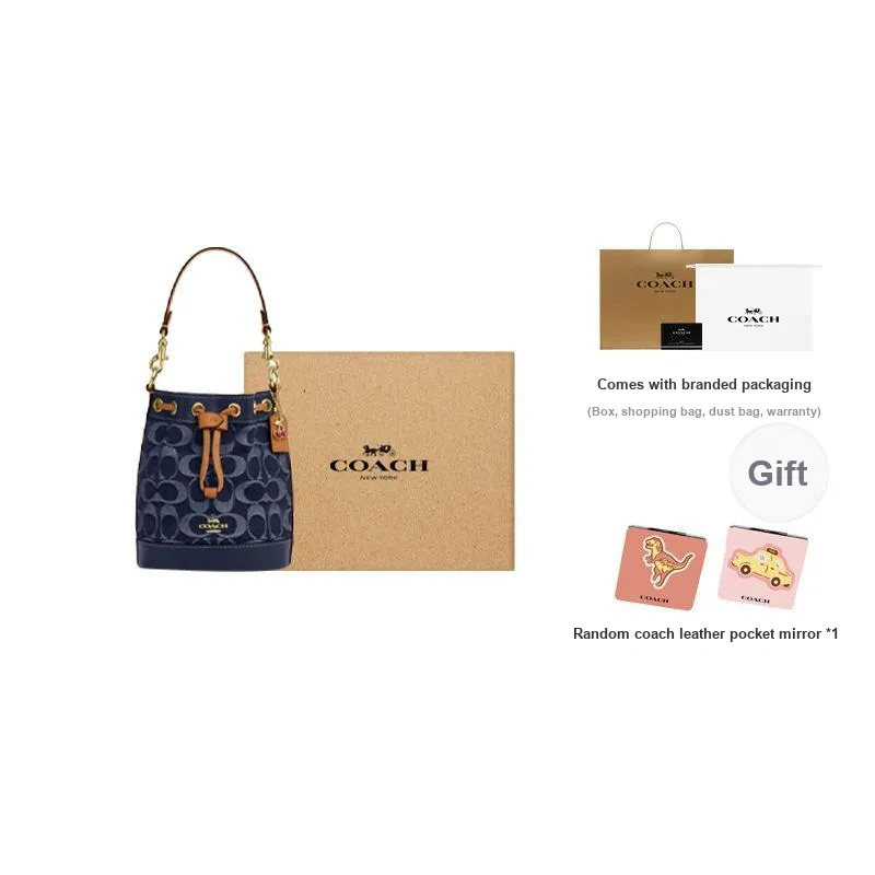 COACH Fabric With Cow Leather Bucket Bag, Shoulder Bag, Crossbody Bag, Handbag Mini Women's Denim Blue-5