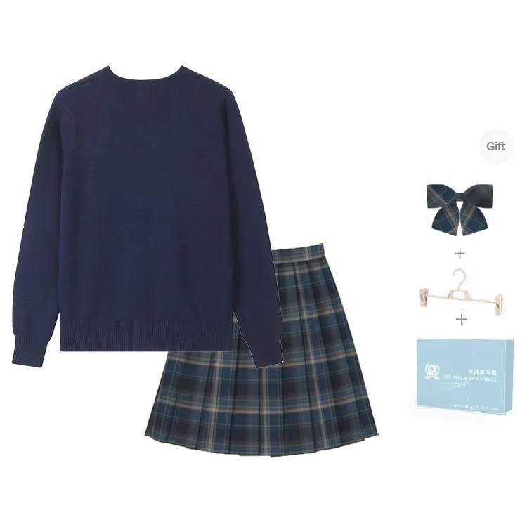 Ice cream and whale Uniforms Women's Dark Blue Pullover Sweater+Misty Whale Plaid Skirt, Comes With Free Shirt+Bow Tie+School Emblem-1