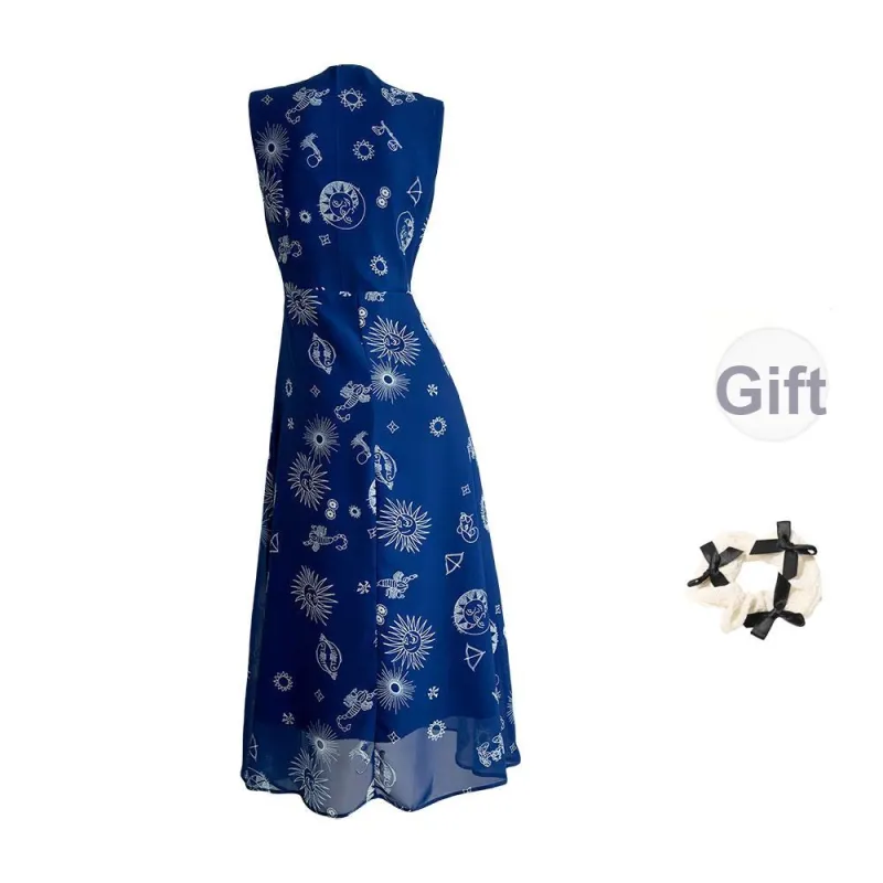CPAURA Slip Dresses Women's Navy Blue+Bowknot Hair Tie Set-1