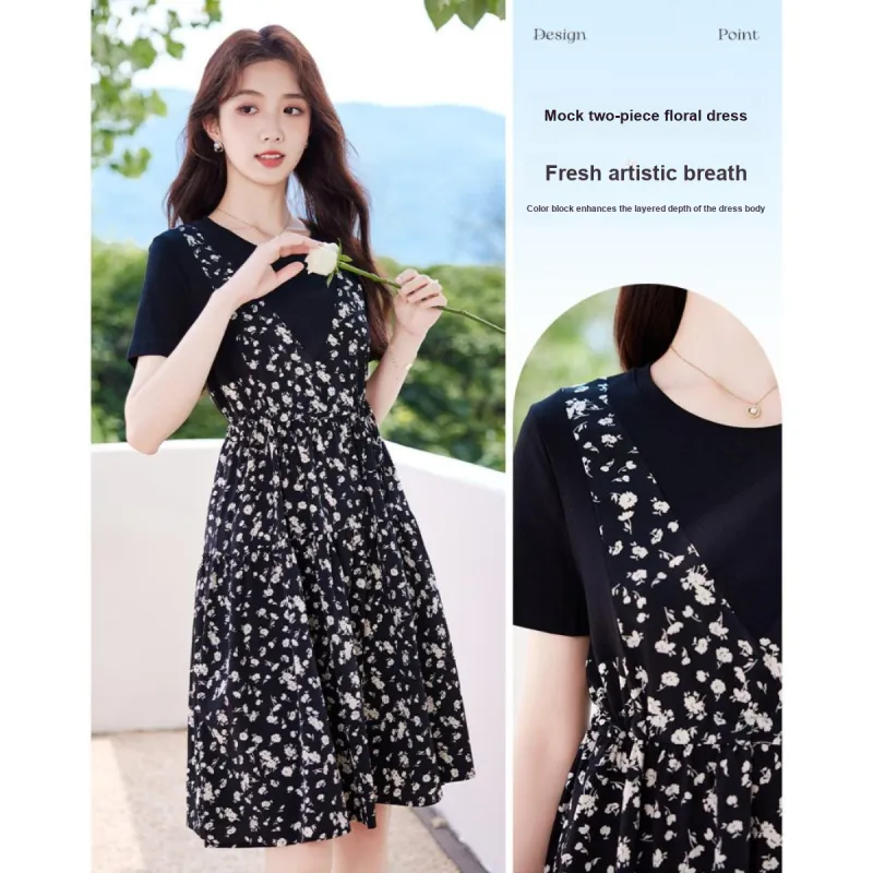Like The Age Of Water Summer Short Sleeved Dress Women's Black-3