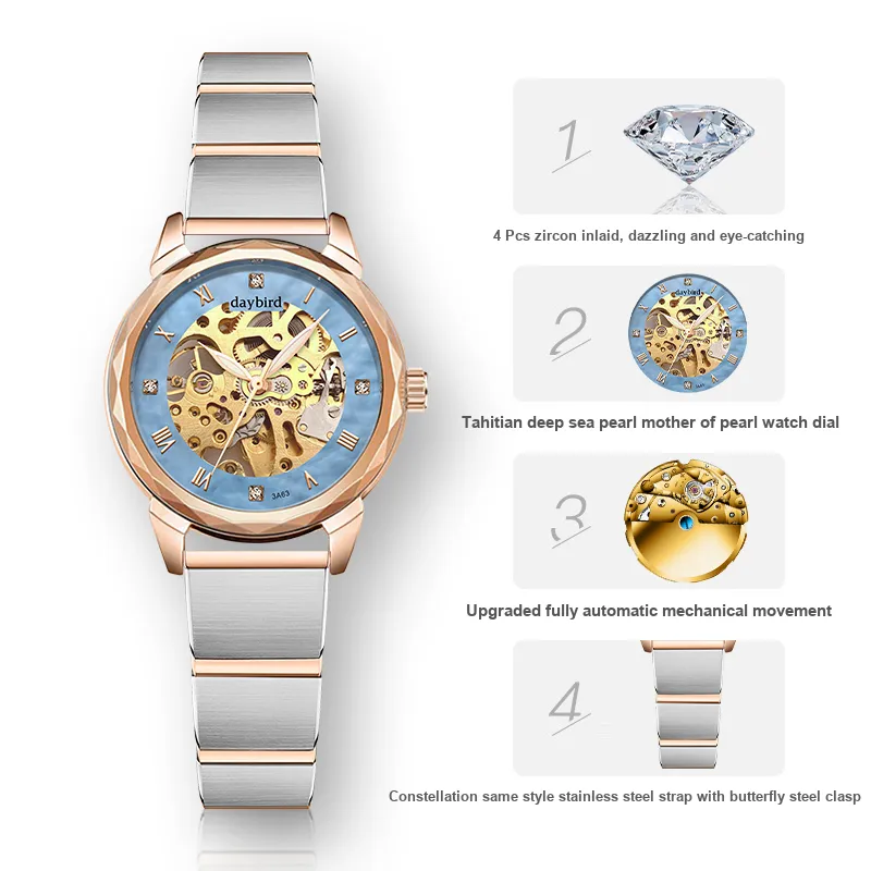 DAYBIRD Mechanical Movement Stainless Steel Watchband Watch Women's Watch Blue Dial-10