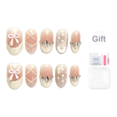 Yun Yue Joe Ethereal Балет Sweetheart Ручной Рисунок Бант False Nail Овал MID Длина (размер в длину) Розовый Градиентный Французский 20 мм