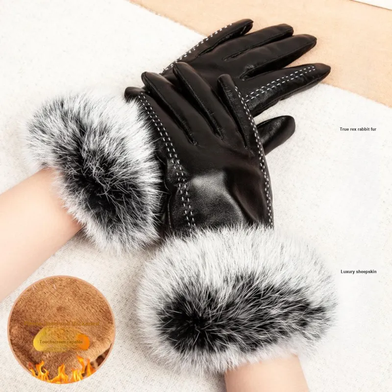 Shanghai Story Sheepskin Knit Gloves Women's Black-6