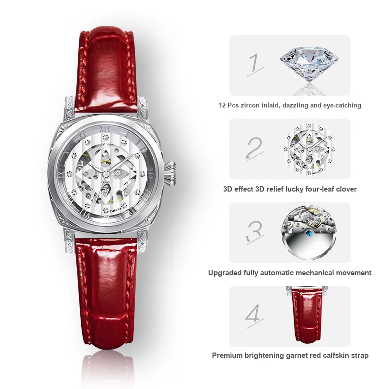 ORCO Automatic Mechanical Movement Cowhide Strap Watch Women's Watch White Dial-7