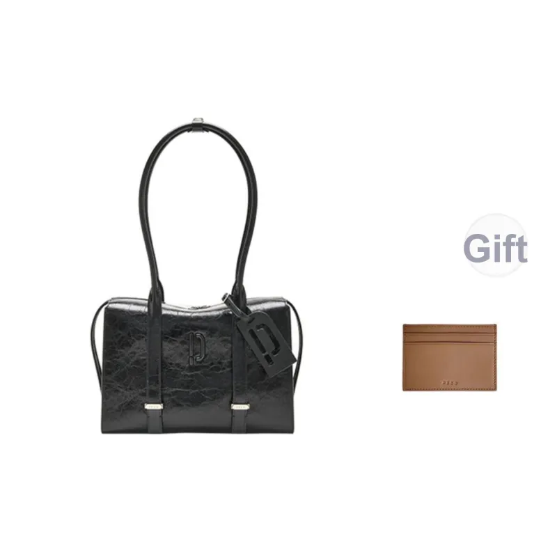 PECO Cow Leather Long Handle Commute Handbag, Vintage Bowling Bag Unisex Classic Black/Mocha-0