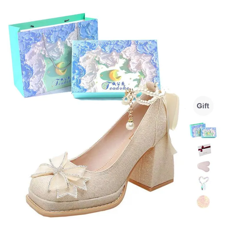 Feo Dvke Chunky Heel High Heels 7cm Women's Apricot Gift Box Set-6