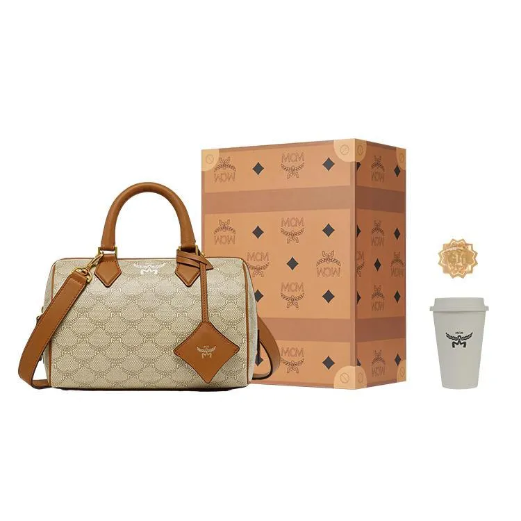 MCM Canvas With Leather Boston Bag Shoulder Bag Crossbody Bag Handbag Small Size Women's Beige-4