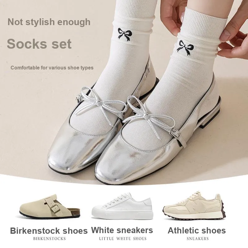 XIANSINIAO Knee High Socks Women's 5 Pack Bowknot Embroidery-3