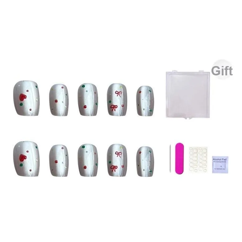 ORANOT Гороховый узор Сердце Белый с Кошачий глаз Бант False Nail MID Длина (размер в длину) 24 мм