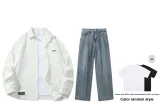 Set (Белый топ + Средне-голубые брюки) (Включает рубашку с коротким рукавом)