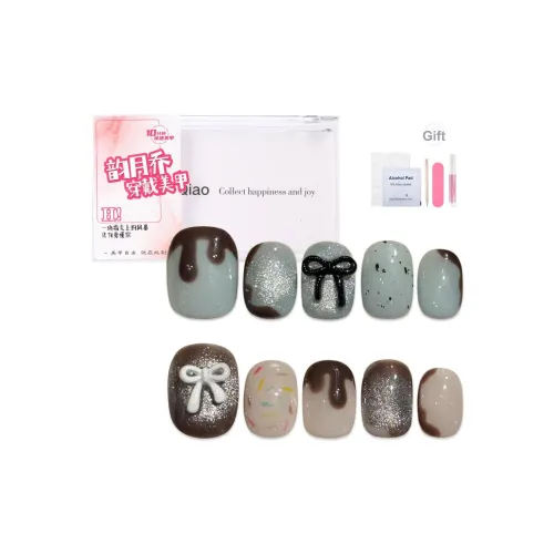 Yun Yue Joe Sweetheart Chocolate Handcrafted 3D Effect Green Coffee Bowknot False Nail Short LADDER 15mm