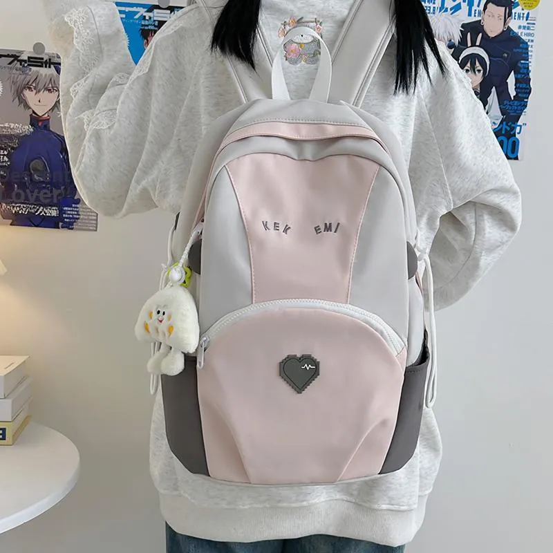 BUBM Nylon Backpack Unisex Khaki/Blue/Pink-1