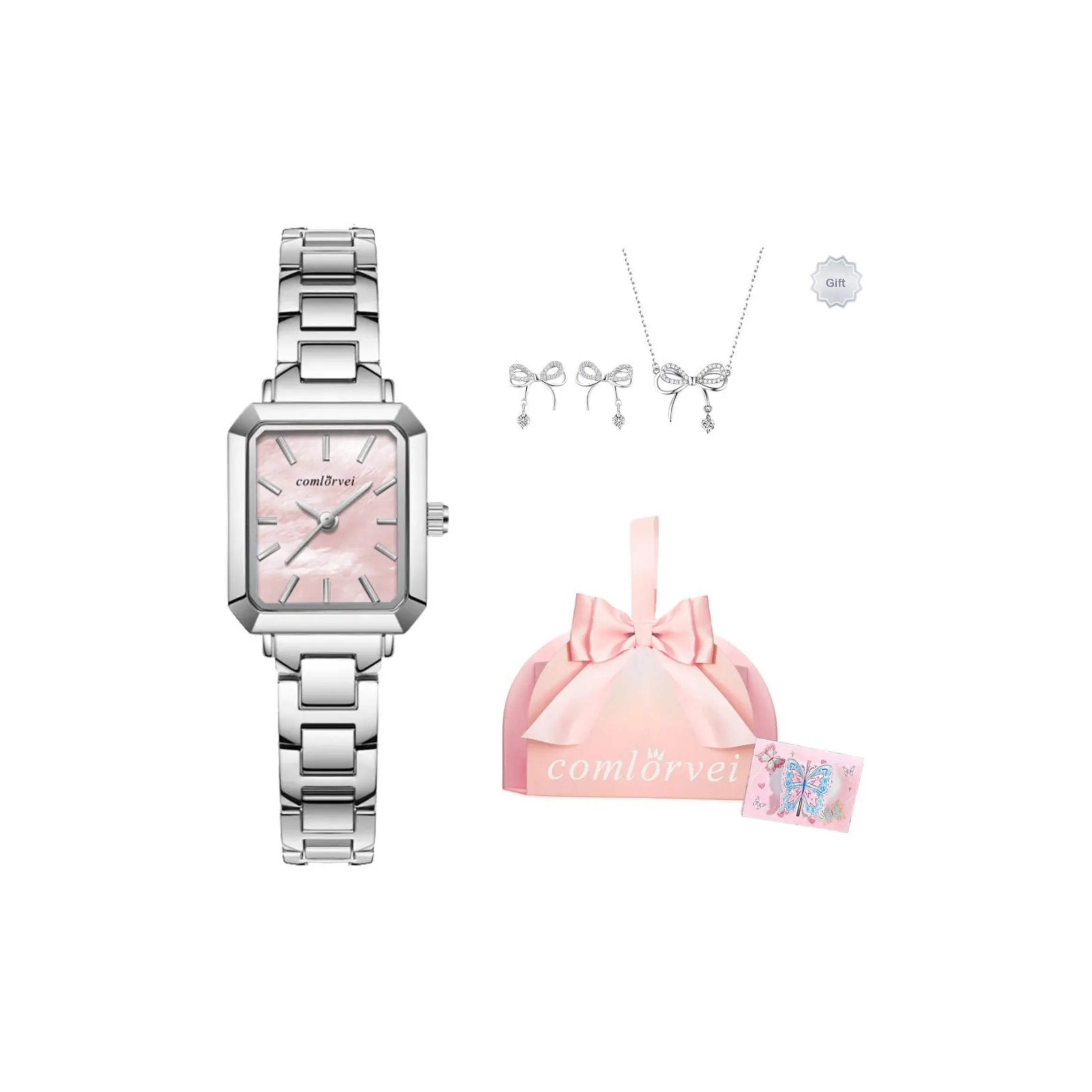 COMLORVEI Винтажный Серебряный Мини Квадратный Часы Кварцевый Механизм Сплав Ремешок Часы Женские Розовый Циферблат Часов