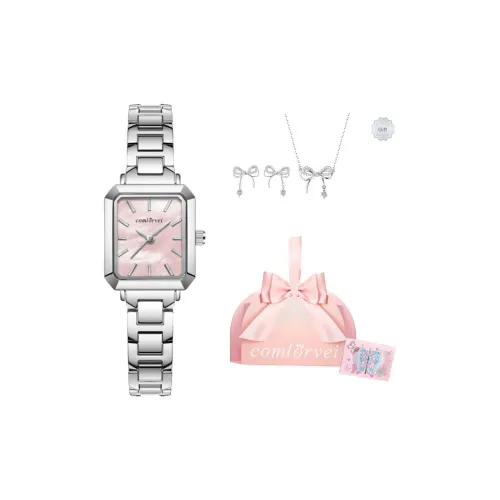 COMLORVEI Винтажный Серебряный Мини Квадратный Часы Кварцевый Механизм Сплав Ремешок Часы Женские Розовый Циферблат Часов