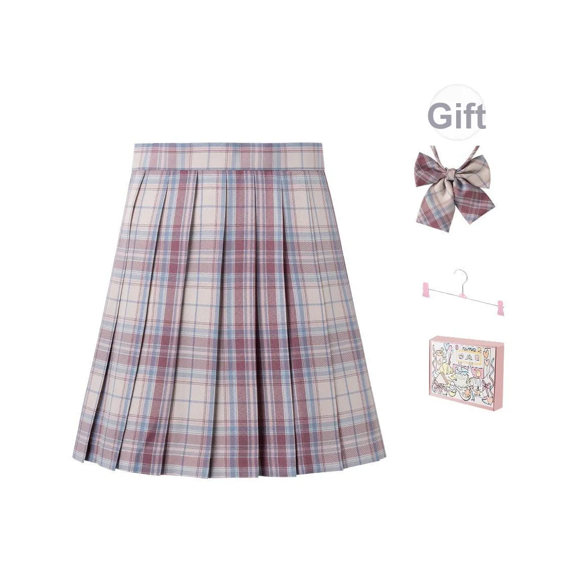 RIMUXINGHE [Большая розовая клетка 43 см] Клетчатая юбка + арочные галстуки Включает вешалку + коробку Женская униформа