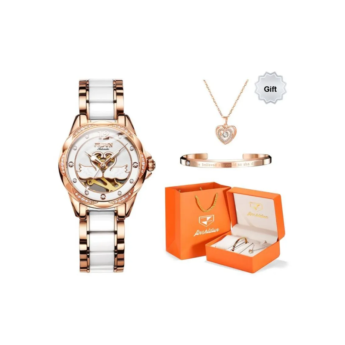 Jin Shi Dun Hollow Heart Design Box Mechanical Movement Watch Women's Watch White Dial