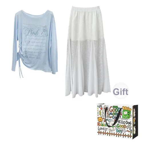 Dippanis Two Piece Skirt Sets Women's Blue Top+White Skirt Shopping Bag
