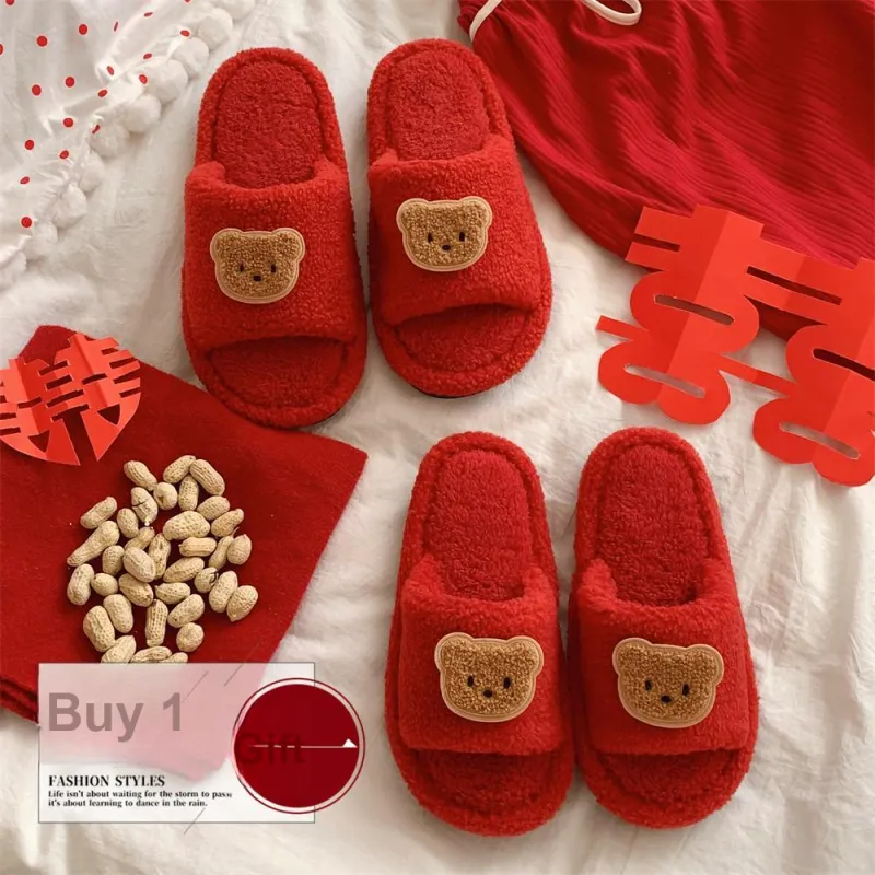 Thin Strips Cotton Slippers Unisex, Red-7
