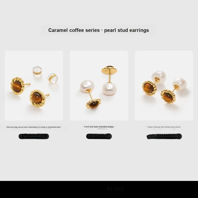 Amber Lollipop Caramel Coffee Series Tiger's Eye Stone S925 Sterling Silver Stud Earrings Women's-1